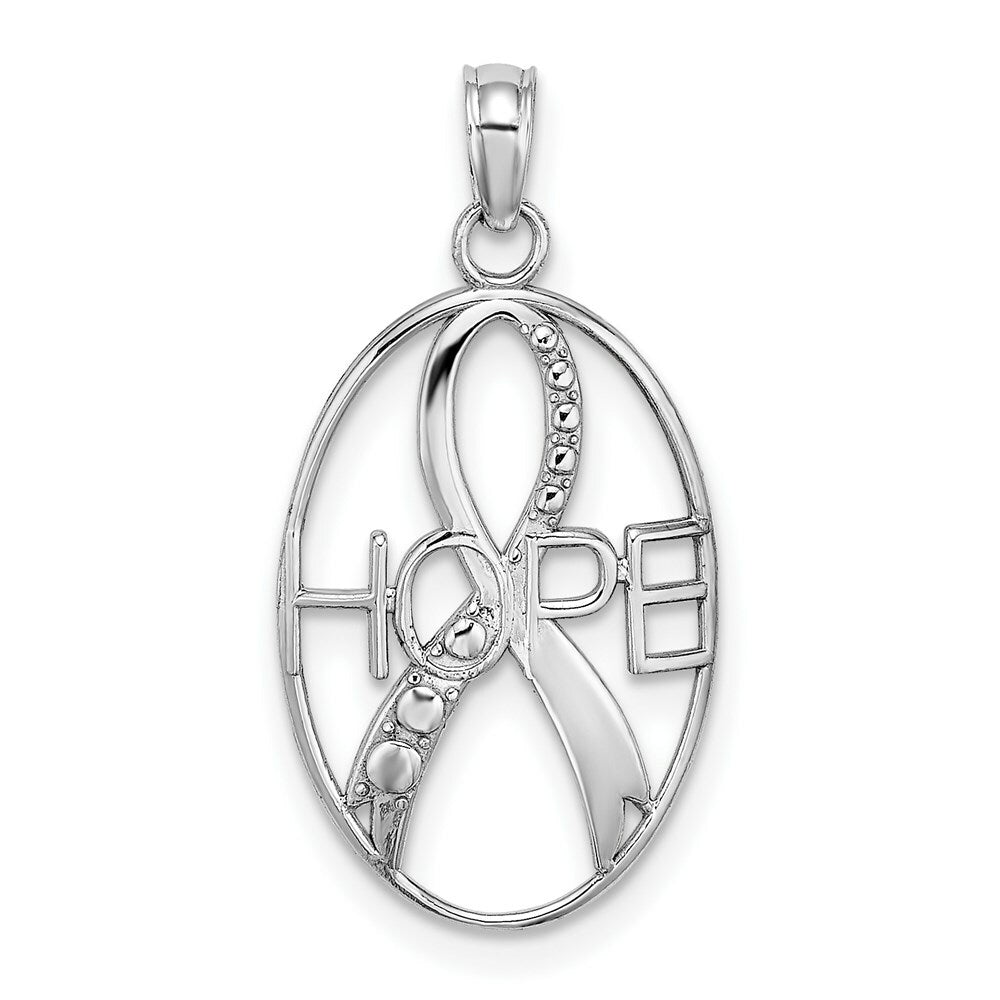 14K White Gold Textured Hope and Ribbon Charm Pendant
