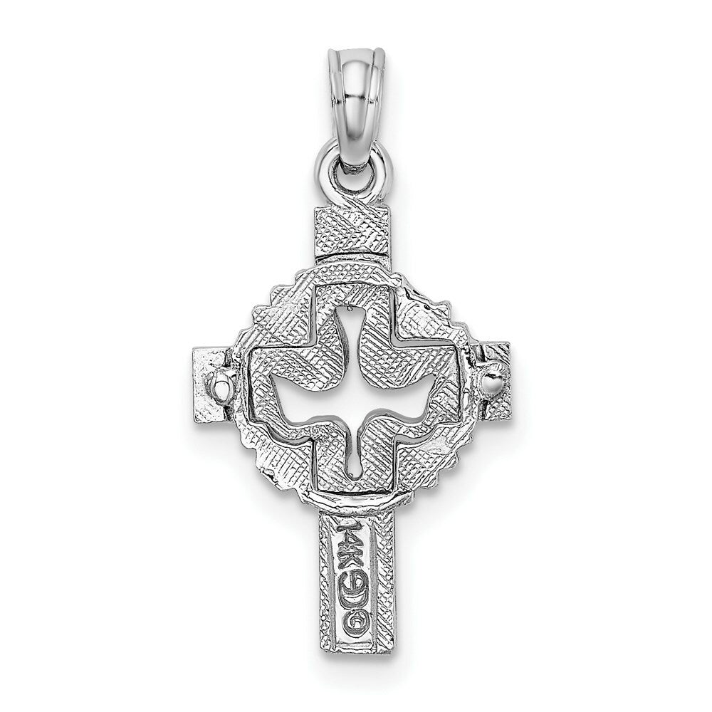 14K White Gold Cut-Out Dove On Cross Charm Pendant
