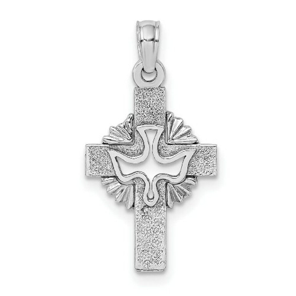 14K White Gold Cut-Out Dove On Cross Charm Pendant