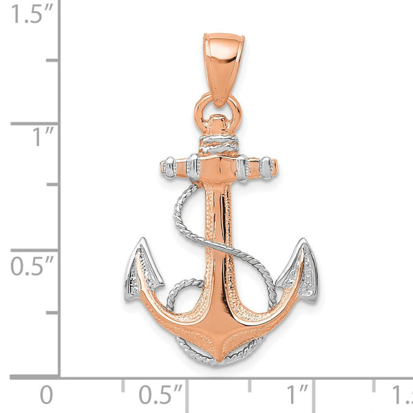 14k Rose Gold With Rhodium Anchor With Rope Pendant