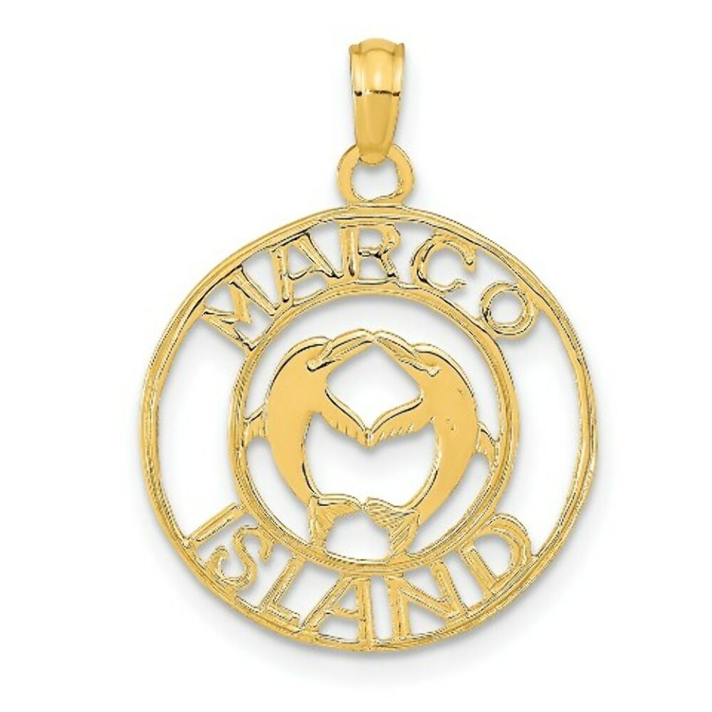 14K Yellow Gold Marco Island With Dolpins in Round Frame Pendant