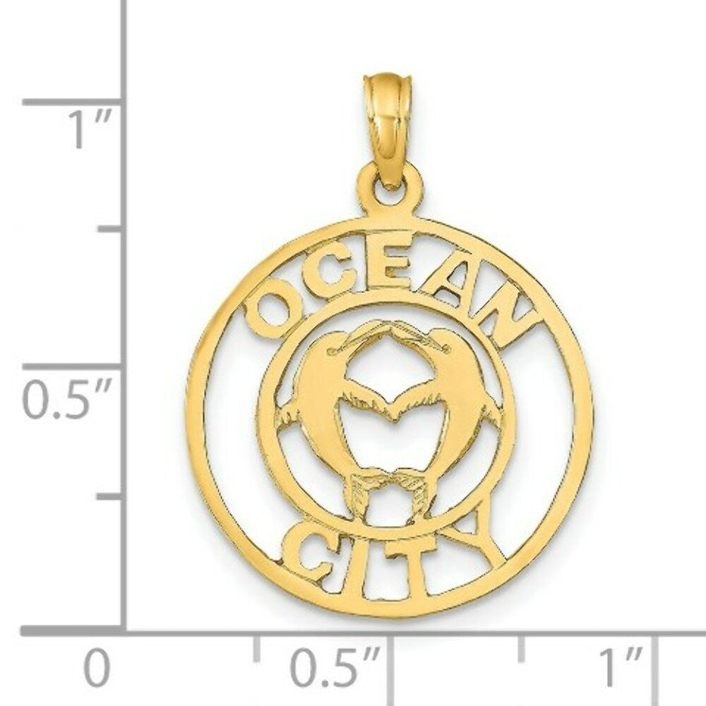 14K Yellow Gold Ocean City With Dolphins Pendant