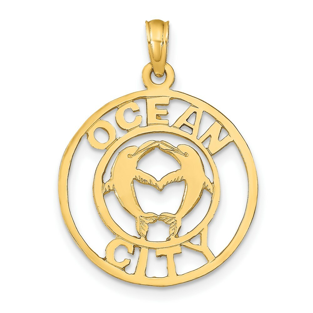 14K Yellow Gold Ocean City With Dolphins Pendant