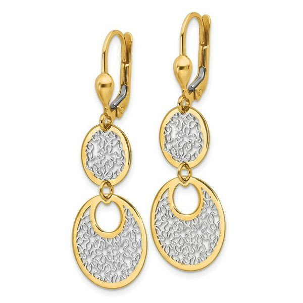 Leslie's 14K Yellow Gold w/White Rhodium Polished & Textured Leverback Earrings
