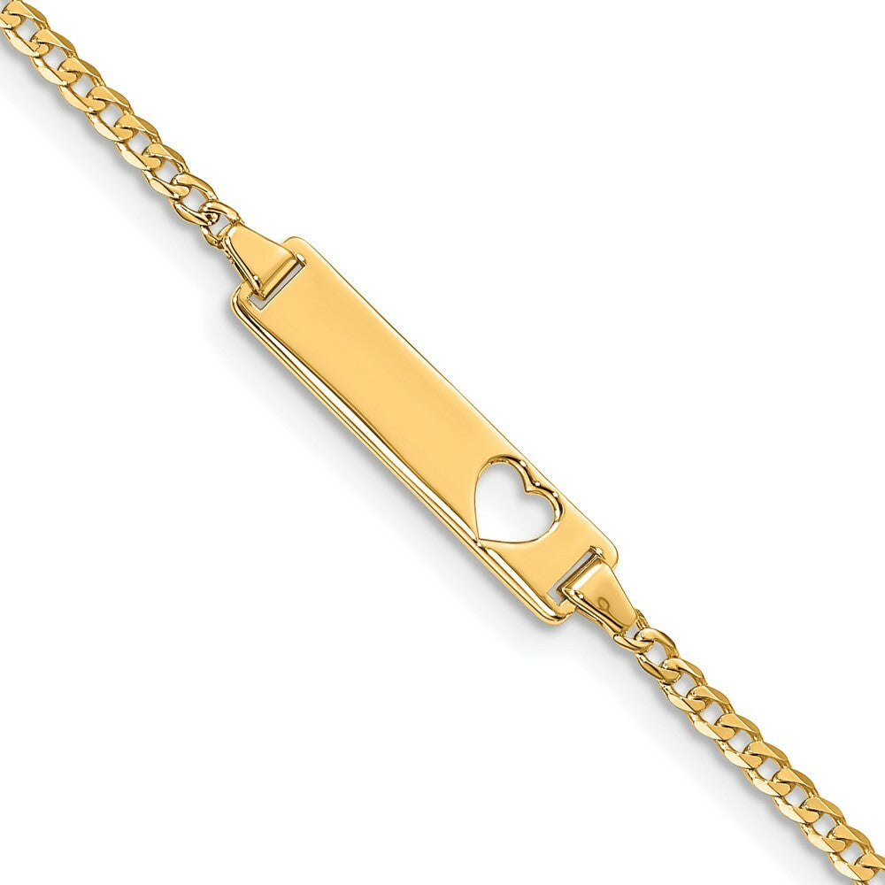 14K Yellow Gold Curb Link ID, Plate with Cut-out Heart Bracelet  Length 7'' inches