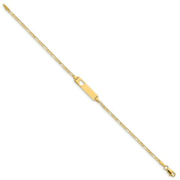 14K Yellow Gold Figaro Link ID, Plate with Cut-out Heart Bracelet  Length 7'' inches