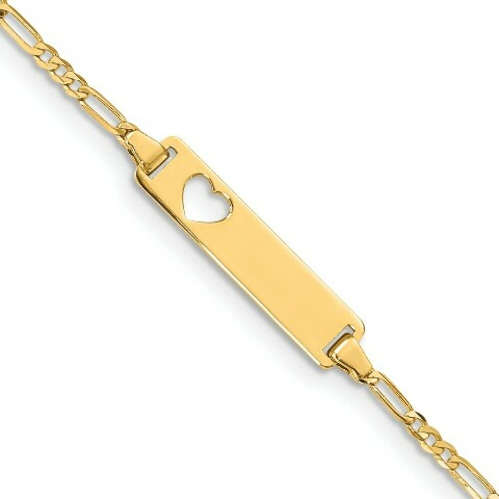 14K Yellow Gold Figaro Link ID, Plate with Cut-out Heart Bracelet  Length 7'' inches