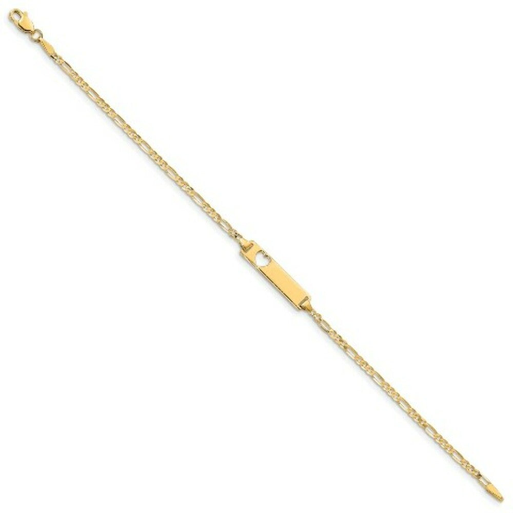 14K Yellow Gold Figaro Link ID, Plate with Cut-out Heart Bracelet  Length 7'' inches
