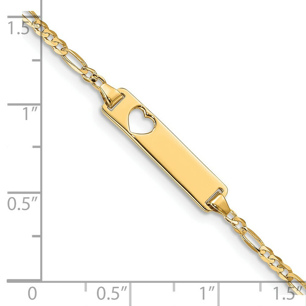 14K Yellow Gold Figaro Link ID, Plate with Cut-out Heart Bracelet  Length 7'' inches