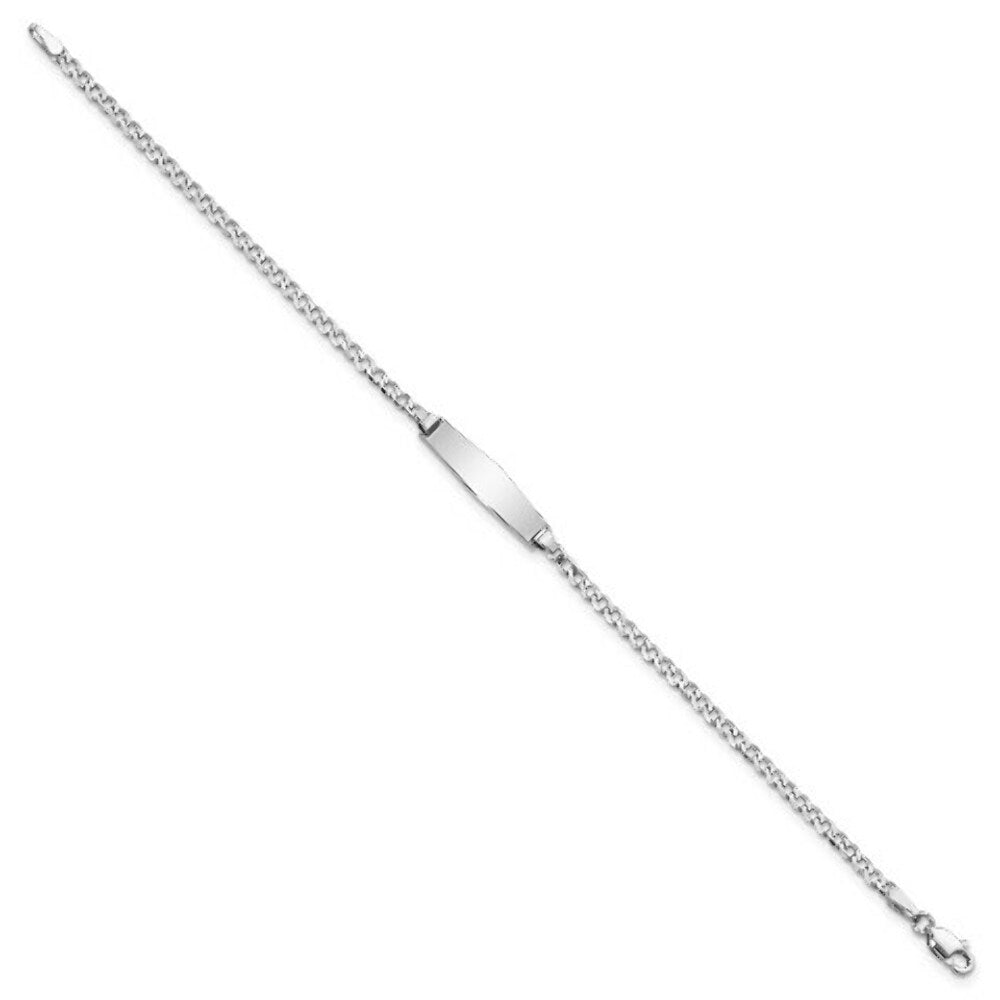 14k White Gold Flat Curb Link Soft Diamond Shape ID Bracelet  length: 7 inches
