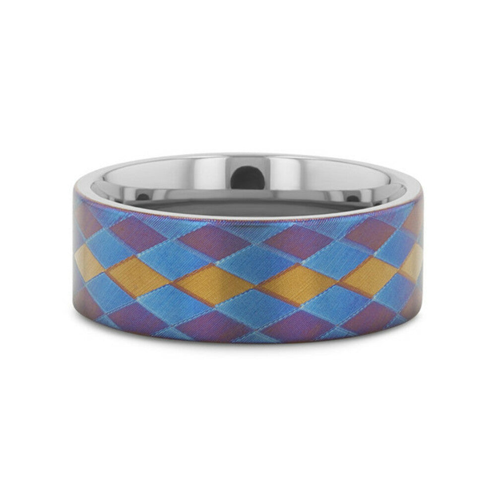Mens Flat Titanium with Purple, Blue, and Gold Diamond Pattern Wedding Ring - 8mm Wide - Style name: MAJESTIC
