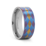 Load image into Gallery viewer, Mens Flat Titanium with Purple, Blue, and Gold Diamond Pattern Wedding Ring - 8mm Wide - Style name: MAJESTIC
