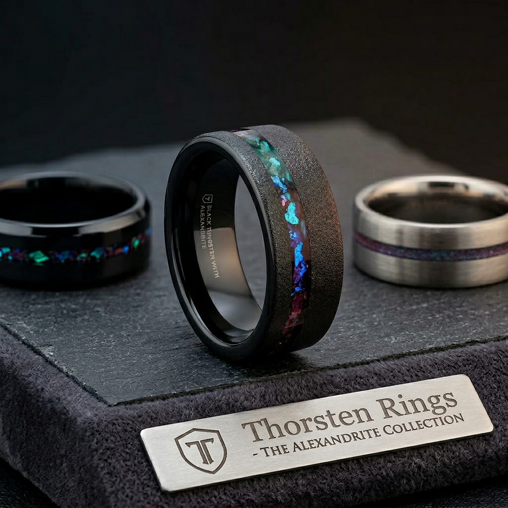Mens Sandblasted Black Tungsten Crushed Alexandrite and Dark Blue & Purple Crushed Goldstone Wedding Ring - 8mm Wide - Style name: MIRAGE