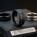 Load image into Gallery viewer, Mens Sandblasted Black Tungsten Crushed Alexandrite and Dark Blue &amp; Purple Crushed Goldstone Wedding Ring - 8mm Wide - Style name: MIRAGE
