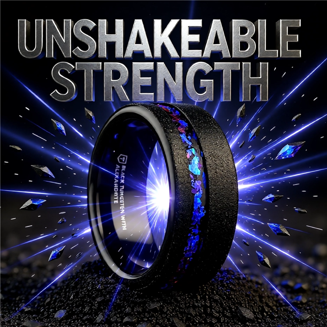 Mens Sandblasted Black Tungsten Crushed Alexandrite and Dark Blue & Purple Crushed Goldstone Wedding Ring - 8mm Wide - Style name: MIRAGE