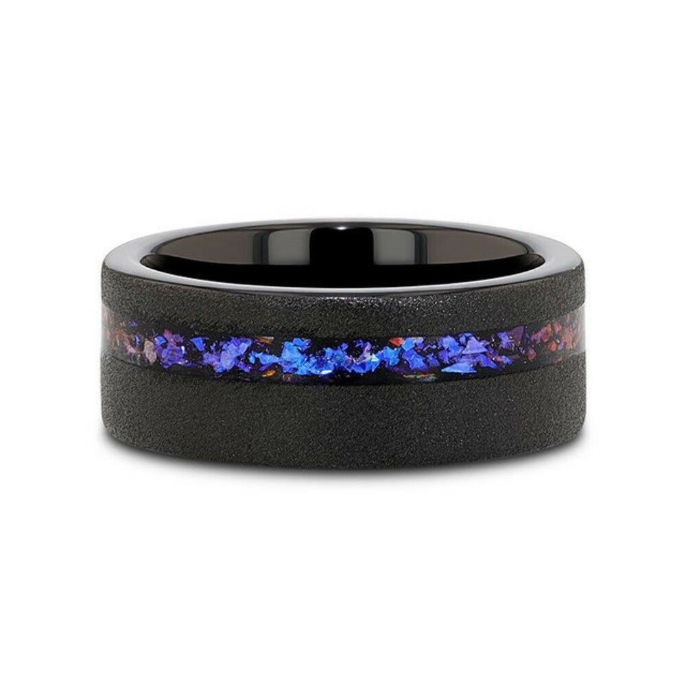 Mens Sandblasted Black Tungsten Crushed Alexandrite and Dark Blue & Purple Crushed Goldstone Wedding Ring - 8mm Wide - Style name: MIRAGE