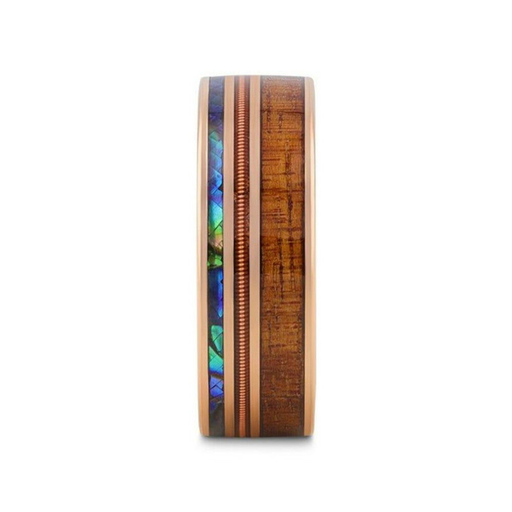 Mens Smoked Rose Gold Tungsten Ring with Hawaiian Koa Wood Abalone & Guitar String Wedding Ring - 8mm Wide - Style name: MOANA
