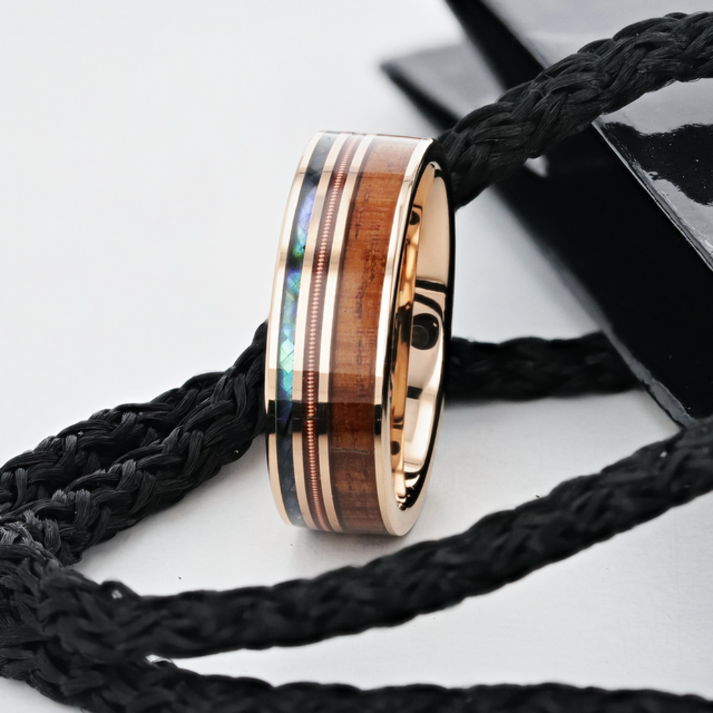 Mens Smoked Rose Gold Tungsten Ring with Hawaiian Koa Wood Abalone & Guitar String Wedding Ring - 8mm Wide - Style name: MOANA