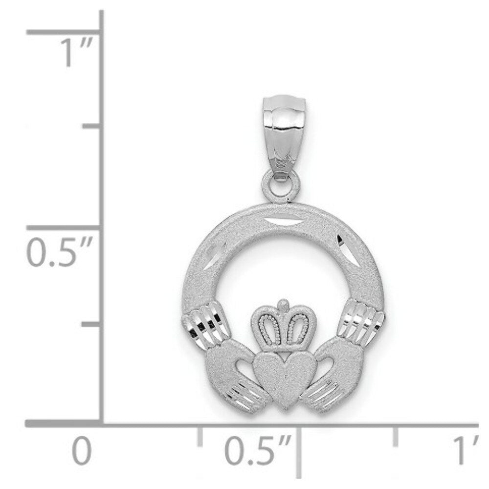 14K White Gold Solid Diamond-cut Claddagh Pendant