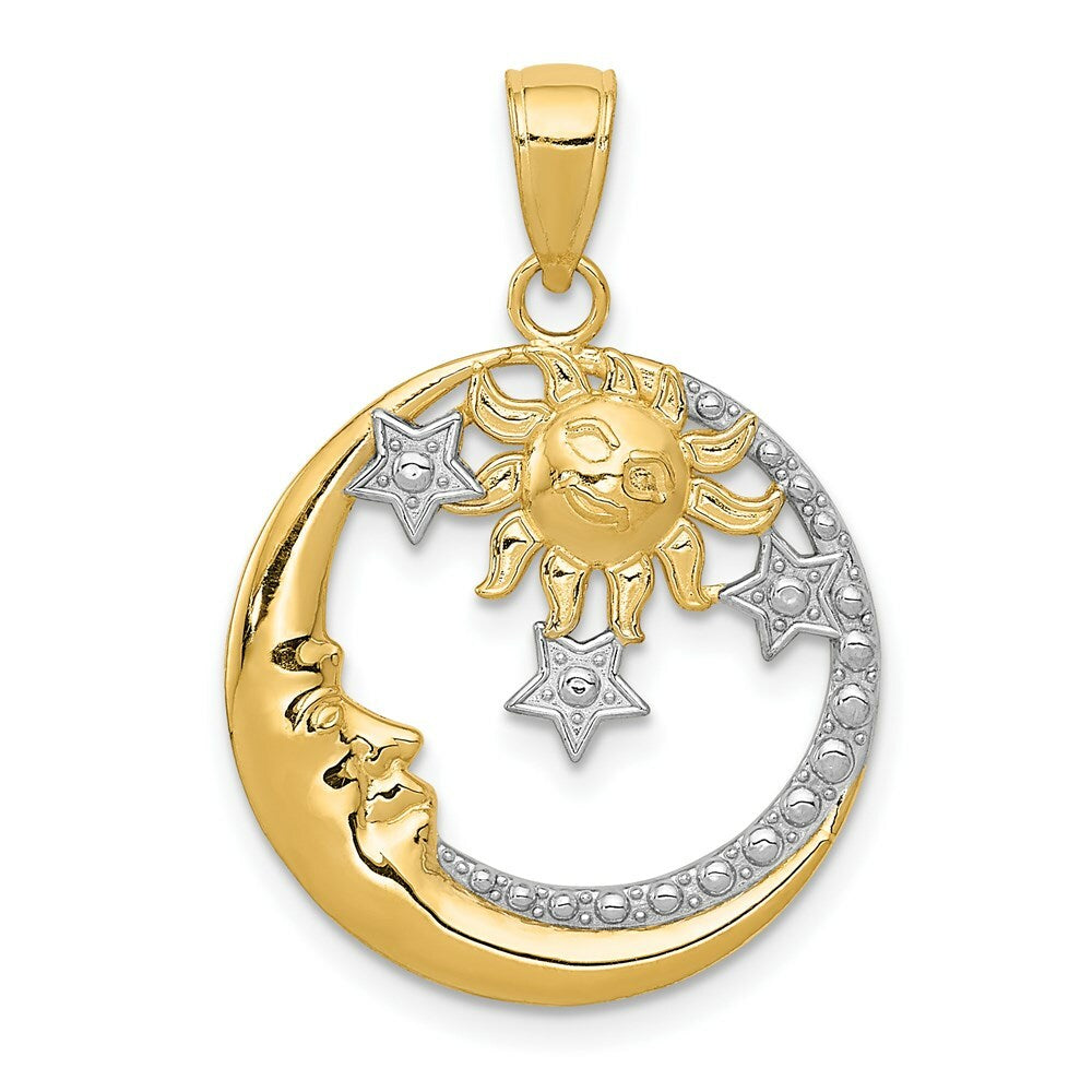 14K Yellow Gold and Rhodium Diamond-cut Moon, Stars, and Sun Pendant