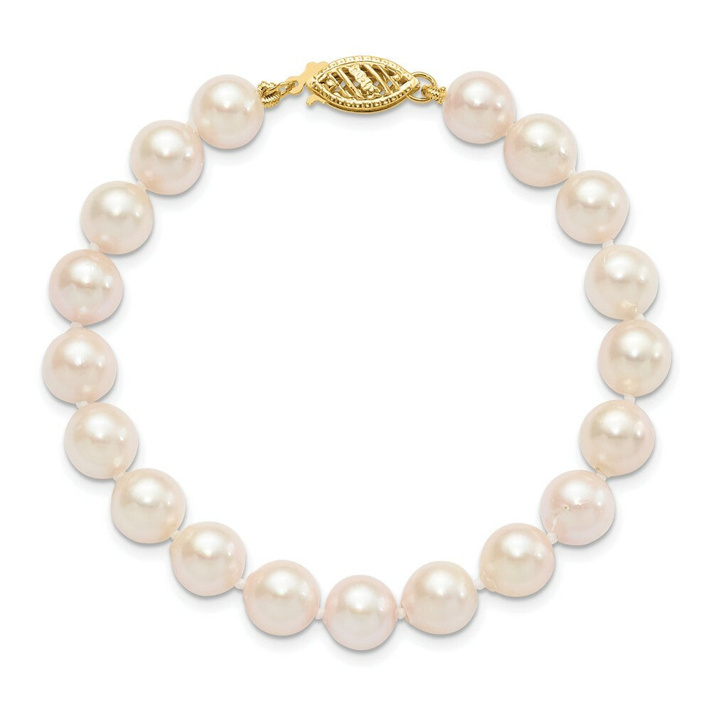 7" Length Bracelet 14K 7-8mm Round White Saltwater Akoya Cultured Pearl Bracelet