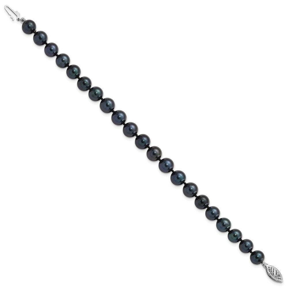 14k White Gold 7-8mm Round Black Saltwater Akoya Cultured Pearl Bracelet  length: 7 inches