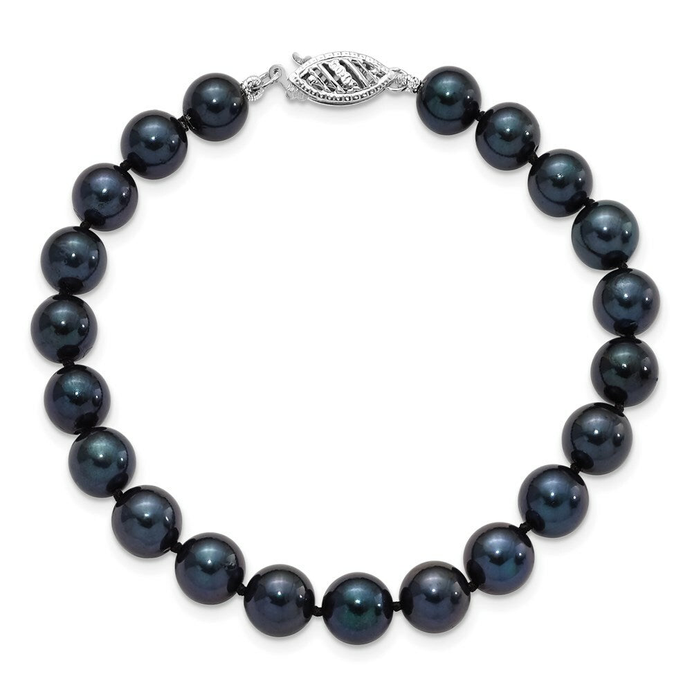 14k White Gold 7-8mm Round Black Saltwater Akoya Cultured Pearl Bracelet  length: 7 inches