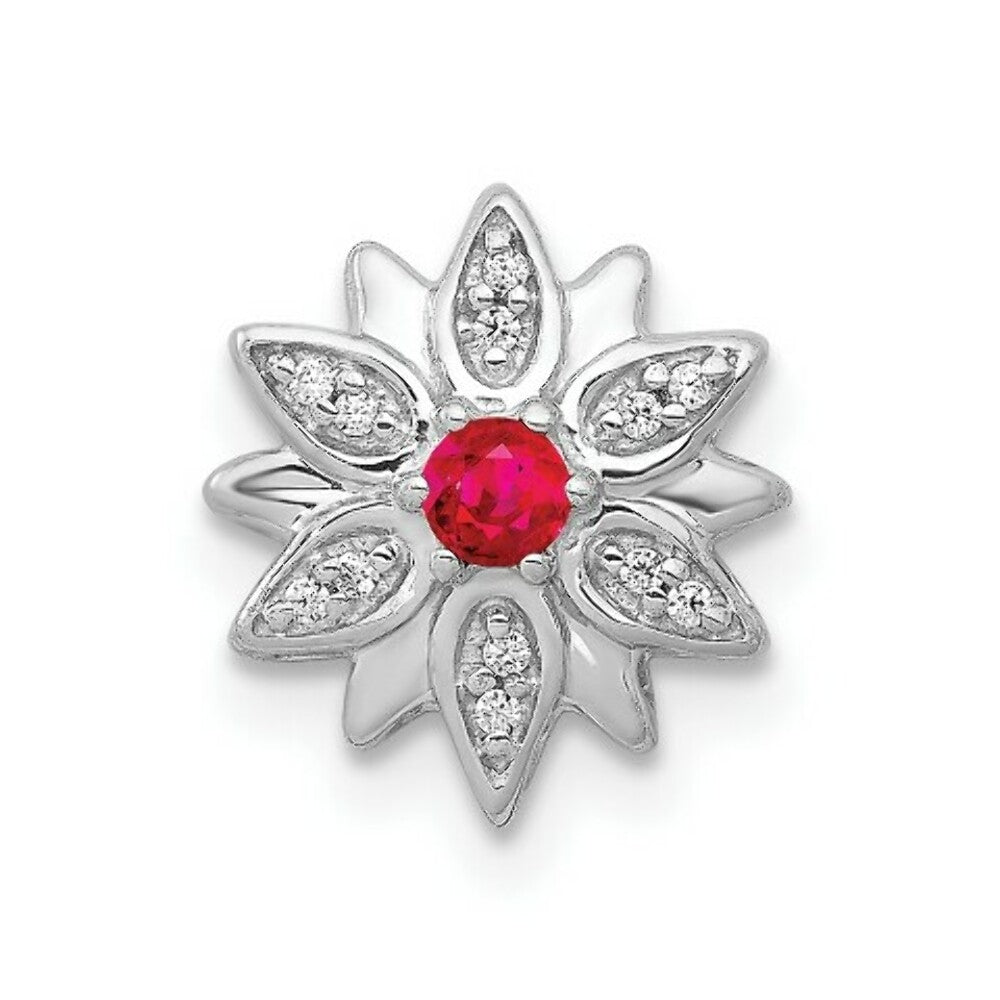 14K White Gold Diamond and Ruby Flower Chain Slide Pendant 1/10-Carat
