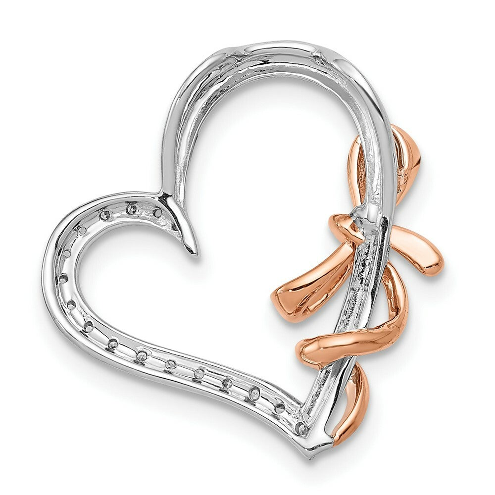 14K Two-tone Gold Diamond Polished Heart with Bow Ribbon Pendant 1/15-Carat