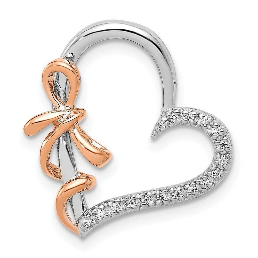 14K Two-tone Gold Diamond Polished Heart with Bow Ribbon Pendant 1/15-Carat