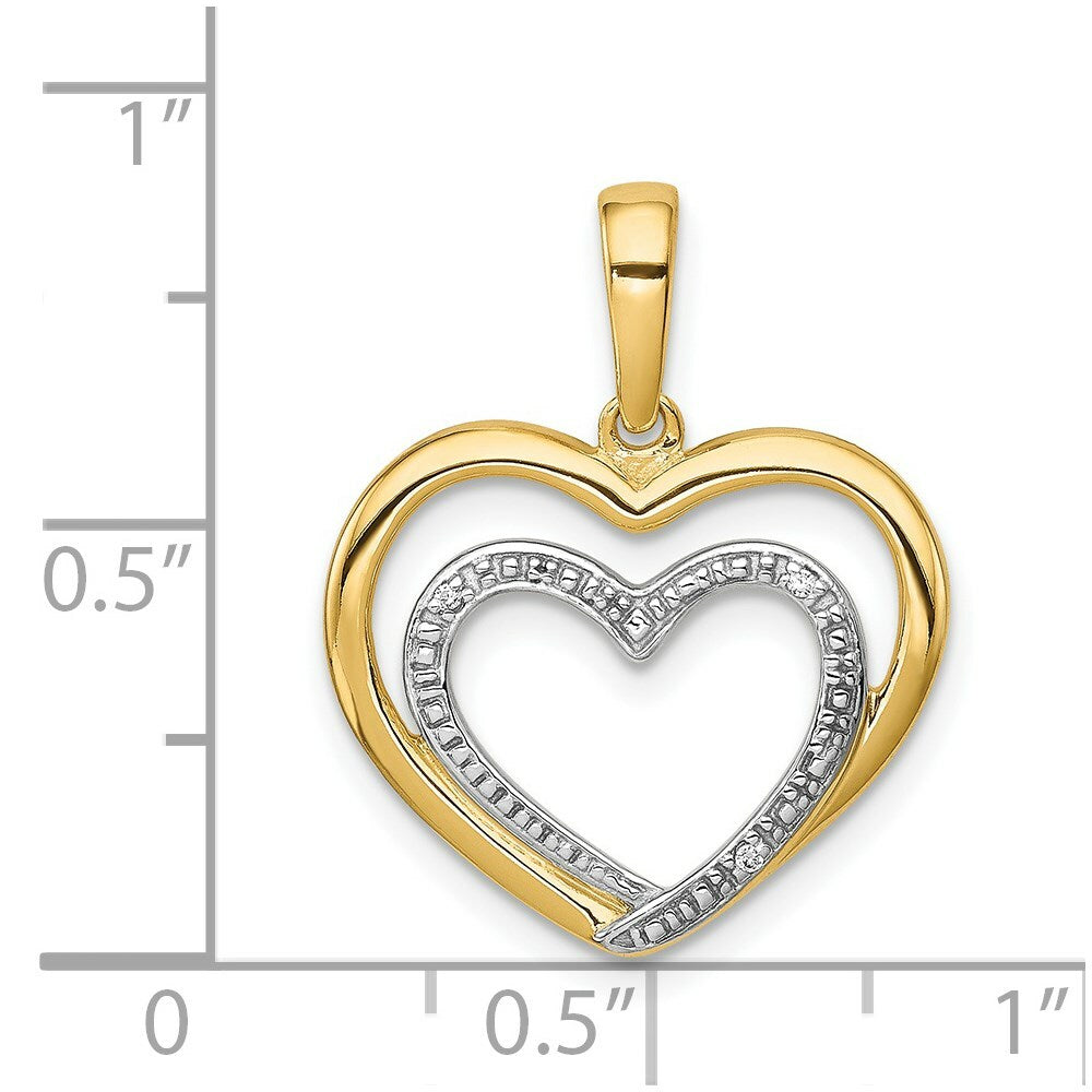 14K Yellow Gold Diamond Accent and Rhodium Double Heart Pendant