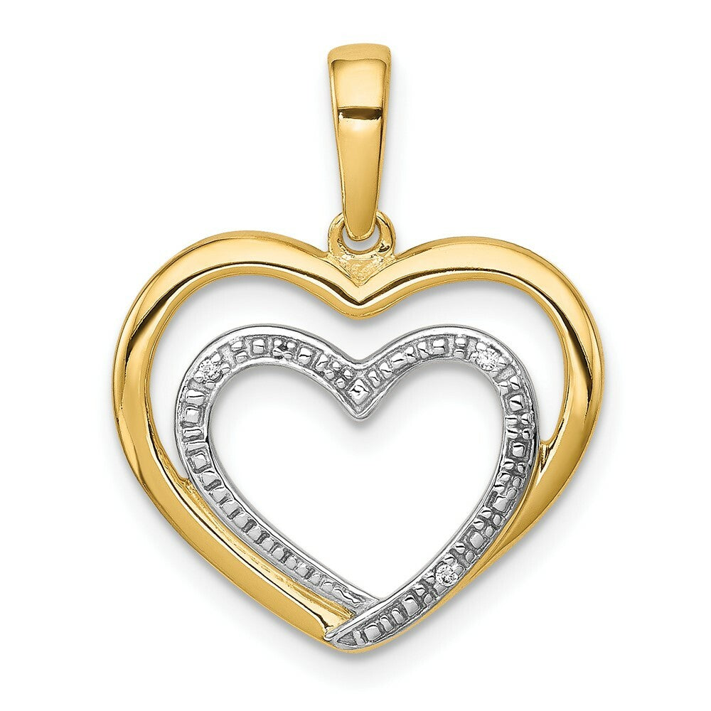 14K Yellow Gold Diamond Accent and Rhodium Double Heart Pendant