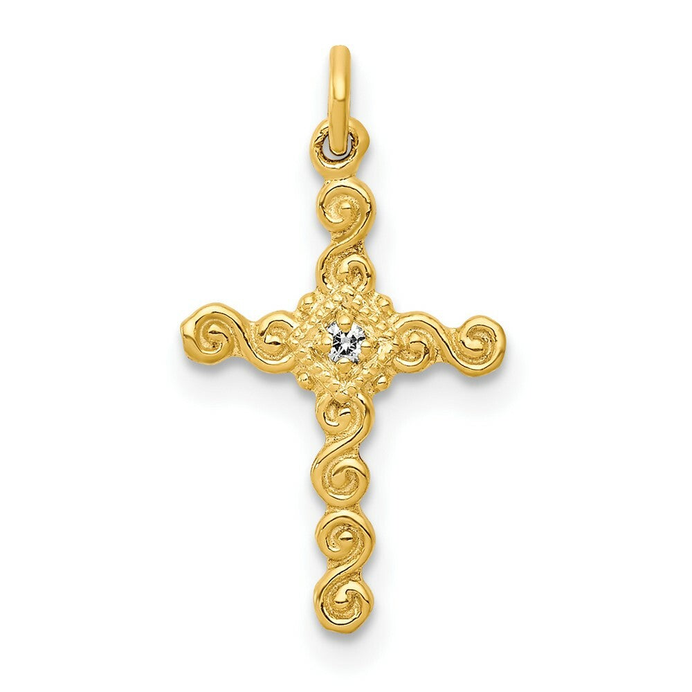 14K Yellow Gold Small .01-Carat Diamond Accent Cross Charm