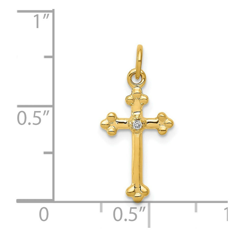 14K Yellow Gold Small .01-Carat Diamond Accent Budded Cross Pendant
