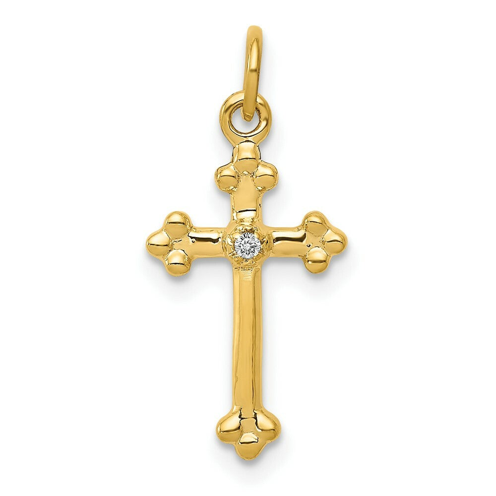 14K Yellow Gold Small .01-Carat Diamond Accent Budded Cross Pendant