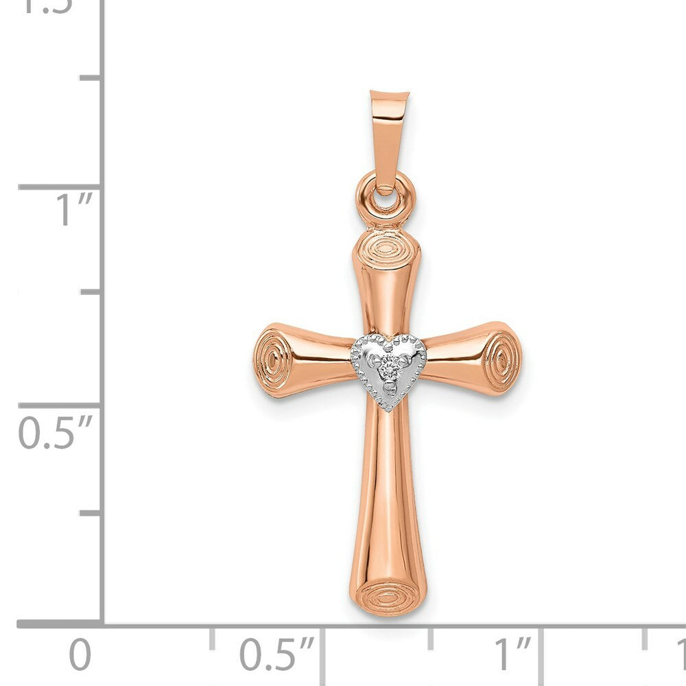 14K Two-tone Gold .01-Carat Diamond Accent Brushed and Polished Hollow Latin Heart Cross Pendant