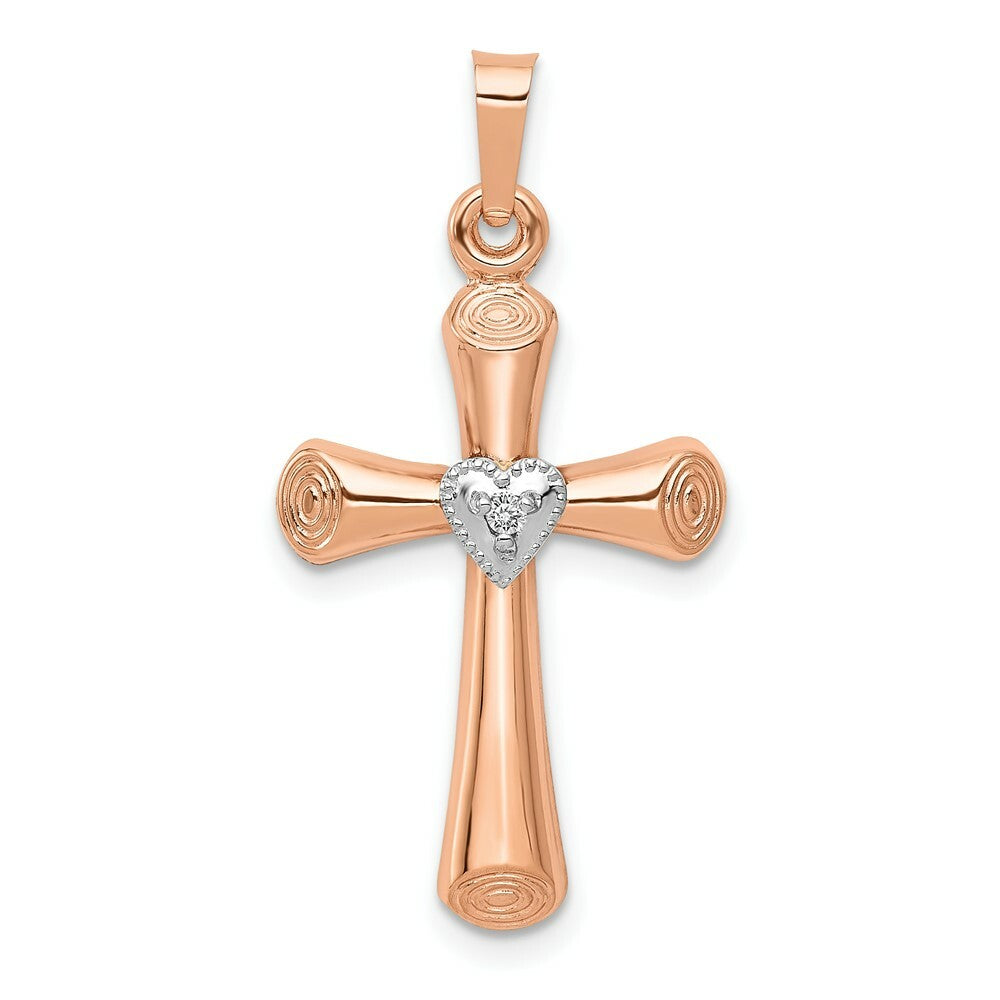 14K Two-tone Gold .01-Carat Diamond Accent Brushed and Polished Hollow Latin Heart Cross Pendant