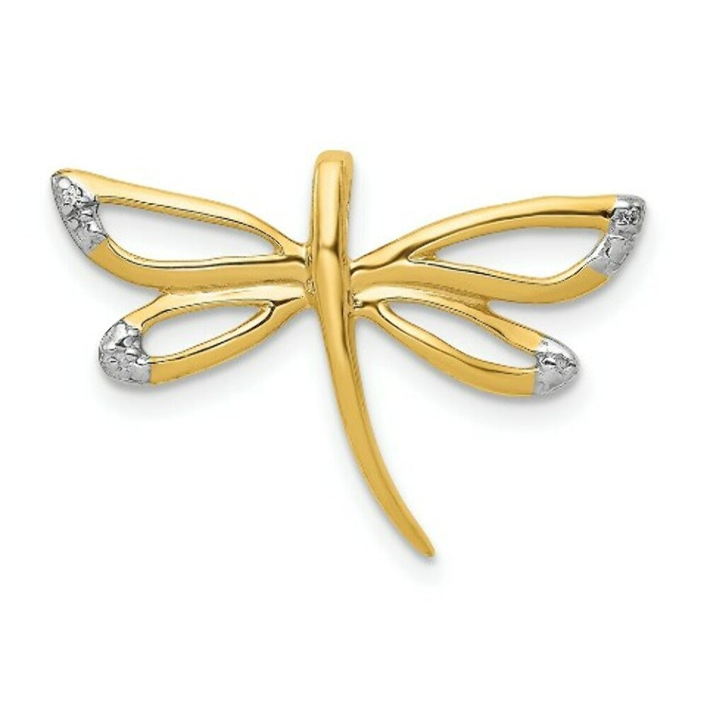 14K Yellow Gold 2 Diamonds Accent with Rhodium Tipped Wings Dragonfly Chain Slide