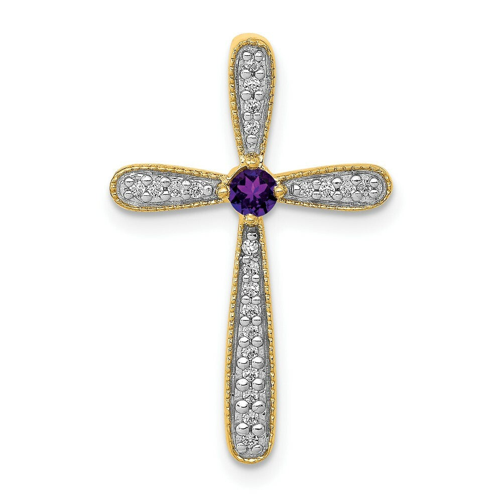 14K Yellow Gold Diamond and Amethyst Polished Cross Pendant 1/5-Carat
