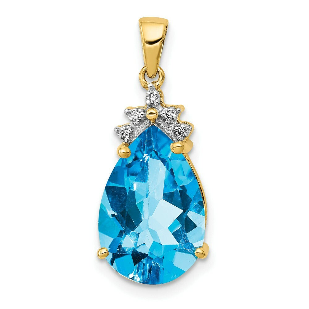 14K Yellow Gold Pear Blue Topaz & Diamond Pendant