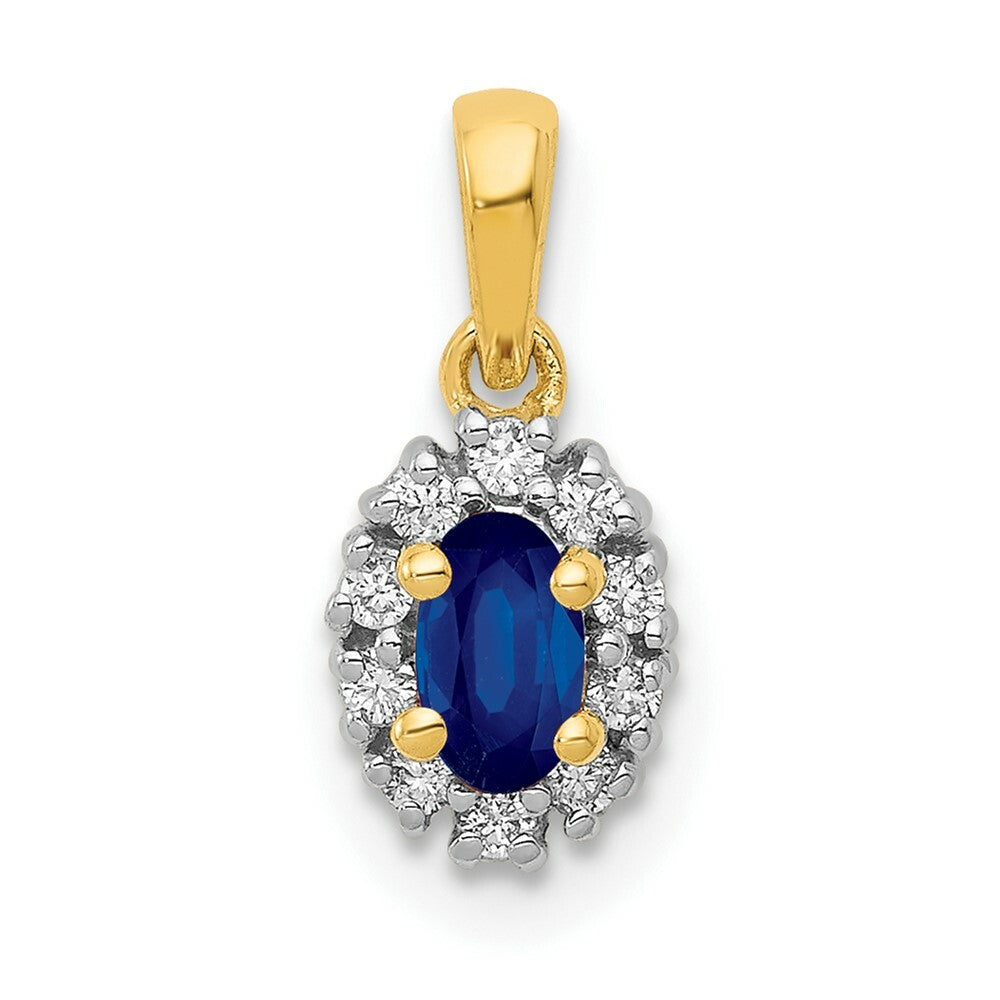 14K Yellow Gold and Rhodium Diamond and .32 Sapphire Oval Halo Pendant