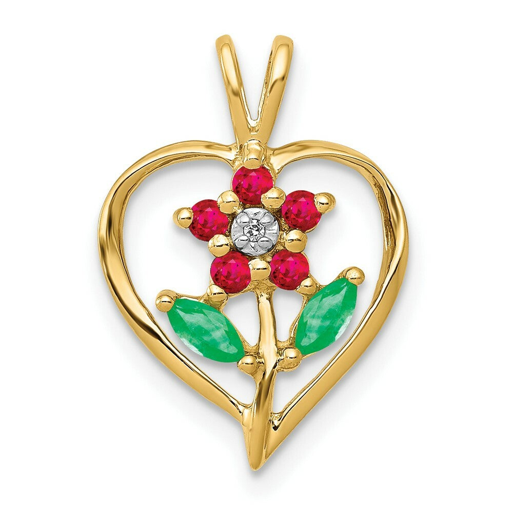 14K Yellow Gold with Siam Ruby and Emerald and Diamond Pendant 1/4-Carat