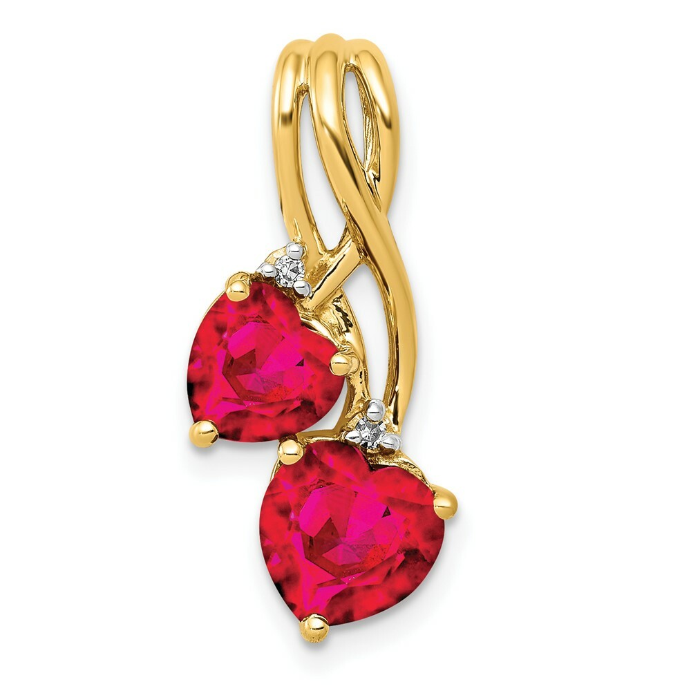 14K Yellow Gold Lab Created Ruby and Diamond Double Heart Pendant 2 1/4-Carats