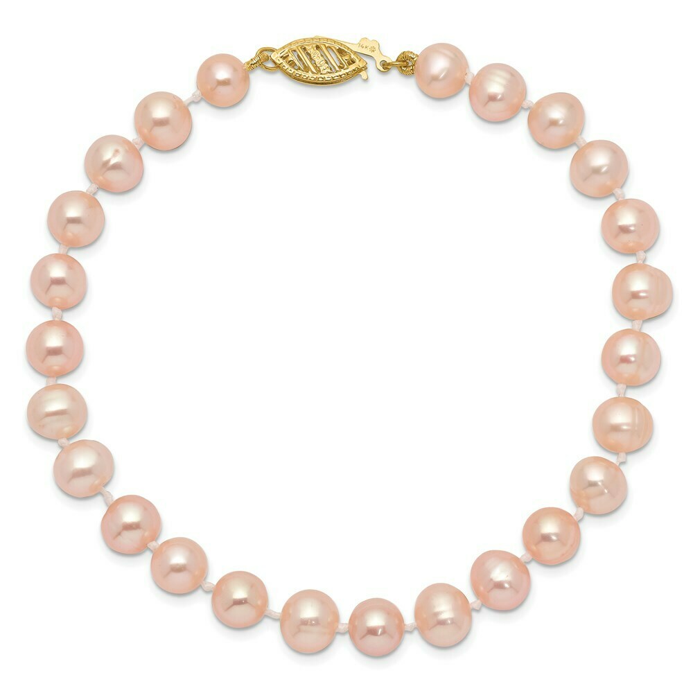 7.5" Length Bracelet 14K 6-7mm Pink FW Cultured Near Round Pearl Bracelet