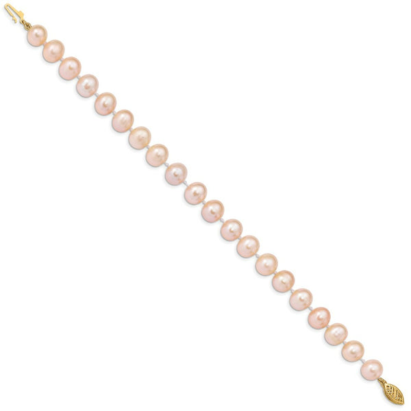 14K Yellow Gold 8-9mm Pink Near Round Fresh Water Cultured Pearl Bracelet  length: 7.5 inches