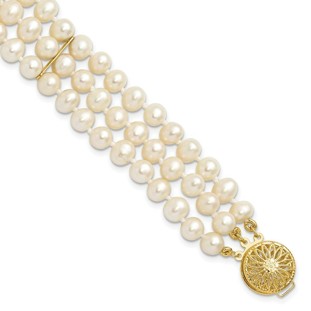 7.5" Length Bracelet 14K 5-6mm 3 Strand FW Cultured Pearl Bracelet