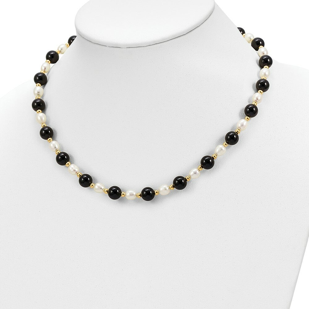 14K Yellow Gold Fancy 6-6.5mm White Freshwater Cultured Pearl & Onyx Necklace  length: 17 inches
