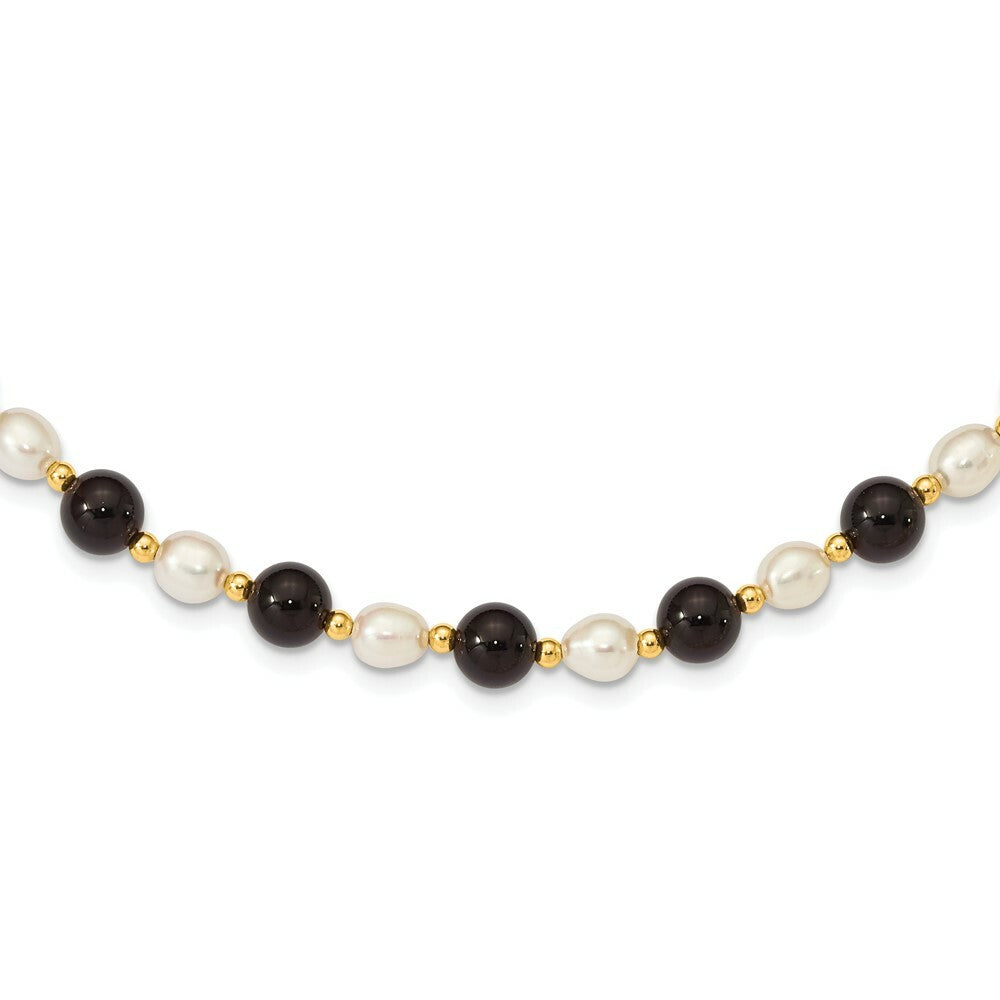 14K Yellow Gold Fancy 6-6.5mm White Freshwater Cultured Pearl & Onyx Necklace  length: 17 inches