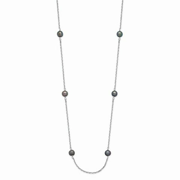 14K White Gold 4-5mm Black Near Round Freshwater Cultured Pearl 8-station Necklace