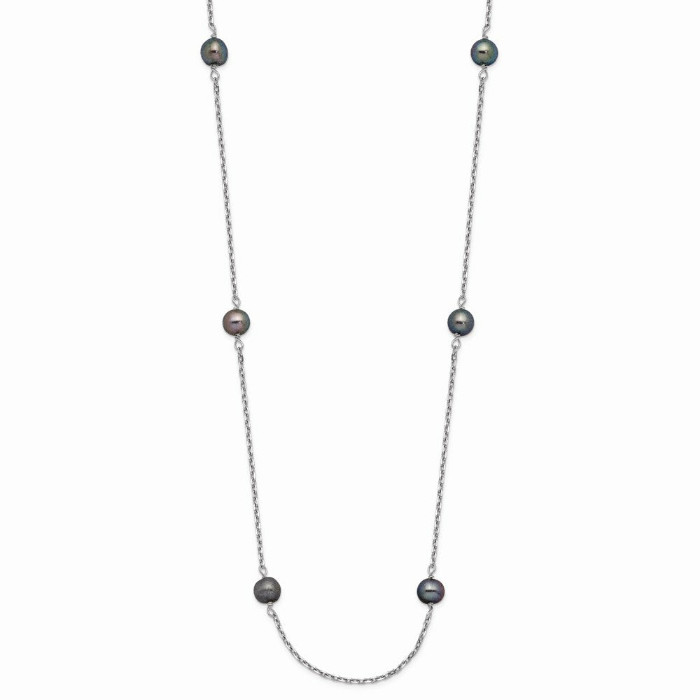 14K White Gold 4-5mm Black Near Round Freshwater Cultured Pearl 8-station Necklace
